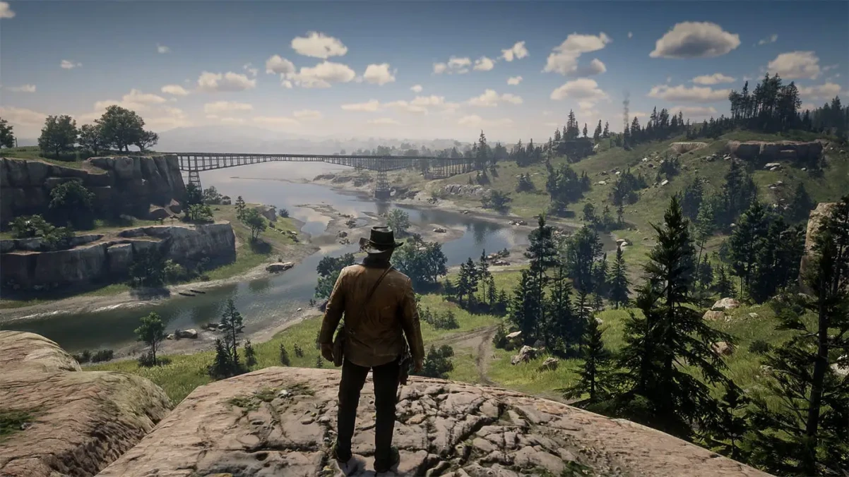 Arthur Morgan overlooking the open world landscape in Red Dead Redemption 2