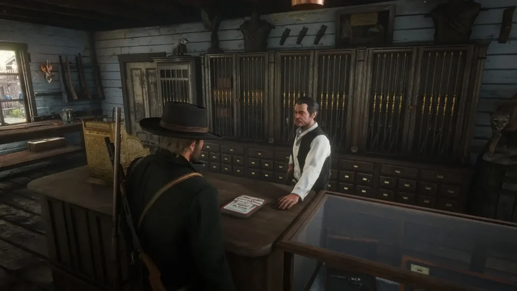 Arthur Morgan interacting with a gun shop owner in Red Dead Redemption 2