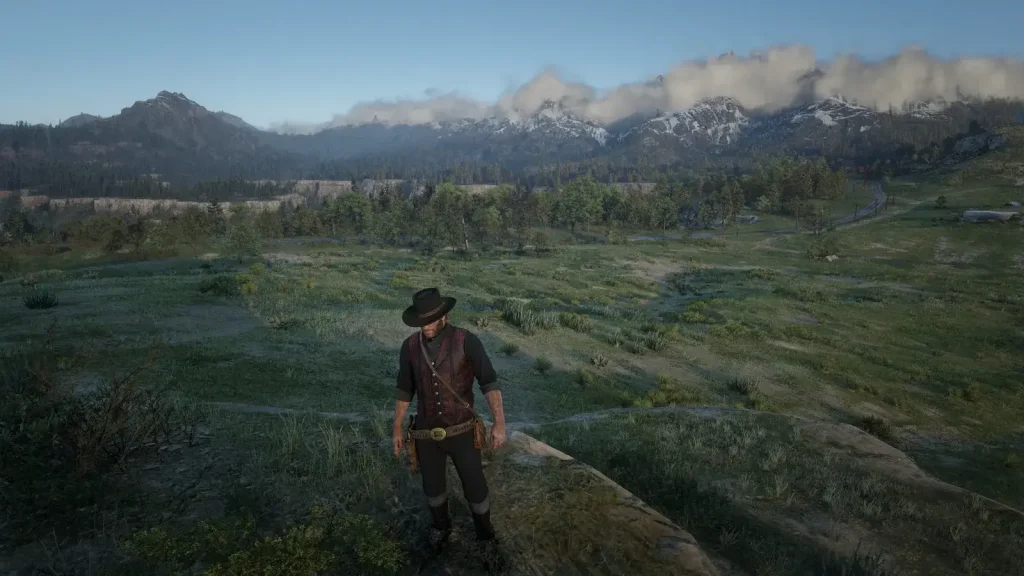 Arthur Morgan standing in a cinematic scene in Red Dead Redemption 2