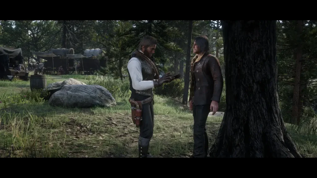 Arthur Morgan talking to John during an interaction in Red Dead Redemption 2 open world