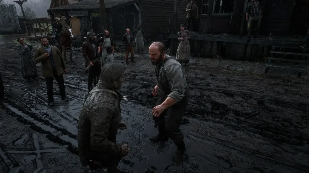 Red Dead Redemption 2 NPC interaction scene showing realistic character behavior in a town environment