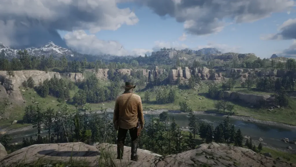 Wide landscape view in Red Dead Redemption 2 showing detailed environment and open world scale