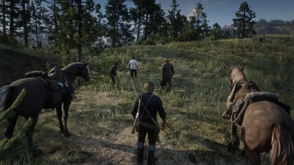 Red Dead Redemption 2 open world exploration with Arthur Morgan walking through nature with his gang