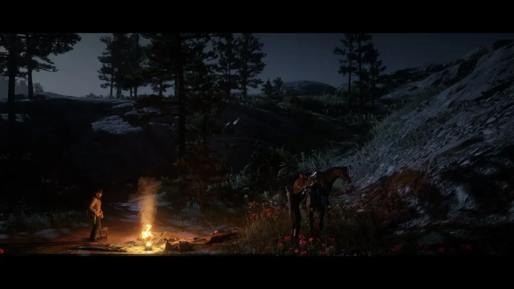 Arthur Morgan standing near a campfire at night in Red Dead Redemption 2 story mode