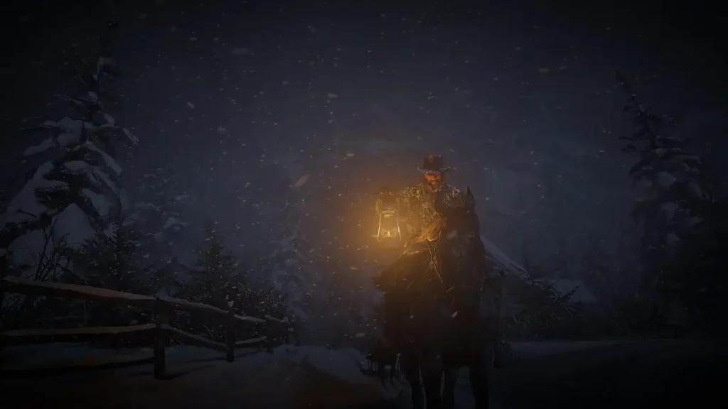 Arthur Morgan riding through snow at night with a lantern in Red Dead Redemption 2