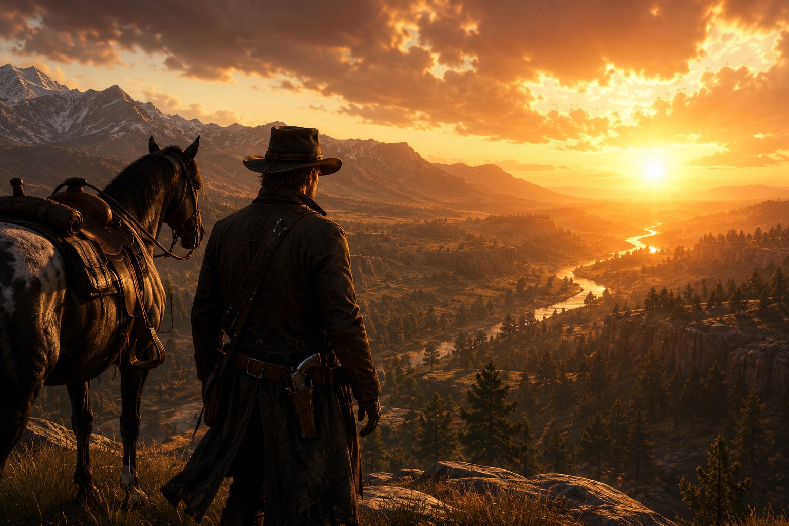 Arthur Morgan standing beside his horse during a golden sunset overlooking a massive open-world valley in Red Dead Redemption 2